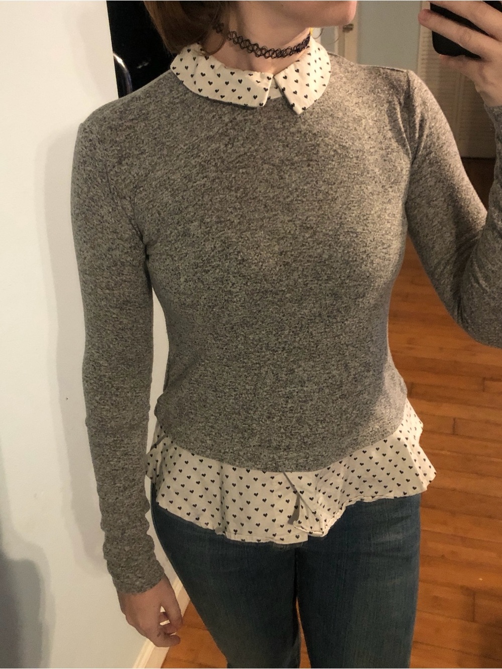 Maison Jules Gray Knit Top with White Heart-Print Lining